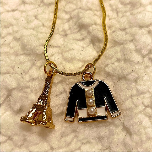 NWT STAMPED 18K GOLD Chanel Vibes Blouse & Paris Eiffel Tower Charms Necklace - Picture 3 of 5